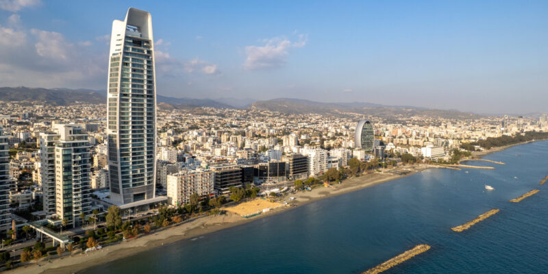 Drone aerial view of coastal area of Limassol city in Cyprus Europe Drone aerial scenery of coastal area of Limassol city in Cyprus Europe